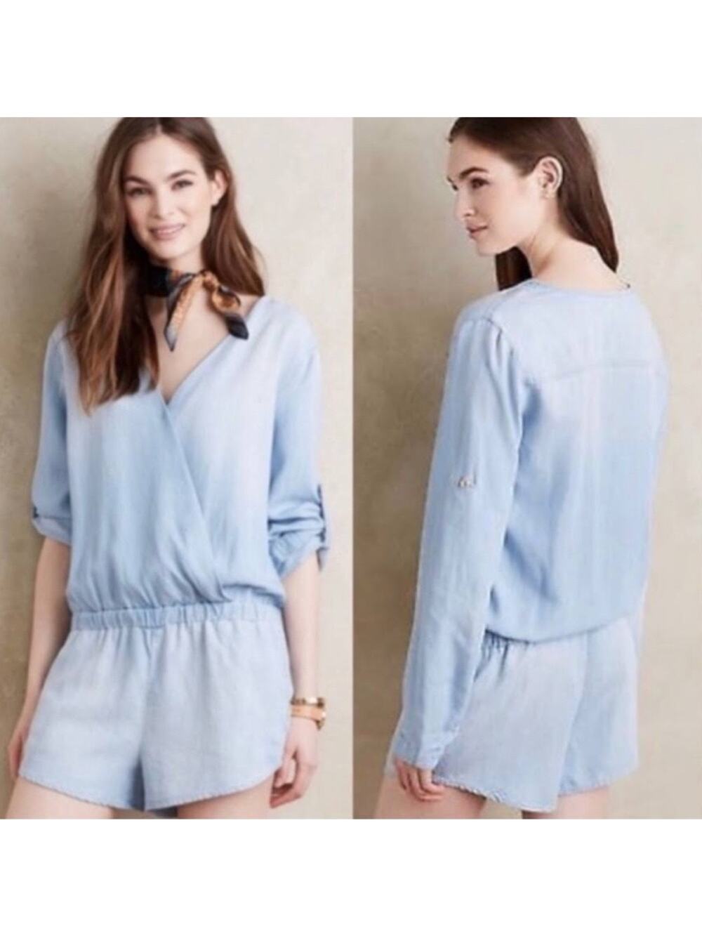Cloth & Stone Surplice Chambray Romper Roll Tab S